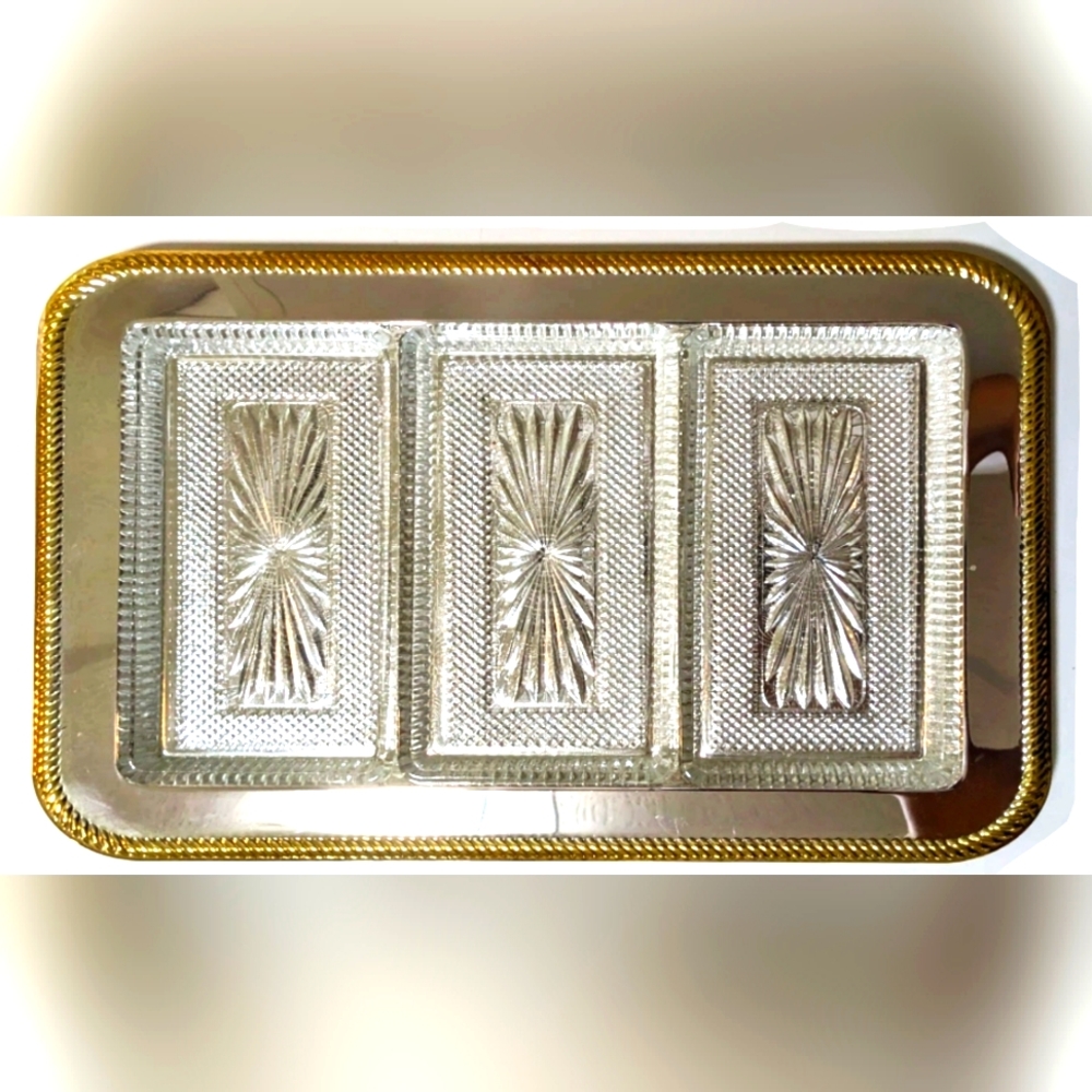 Vintage Queen Ann Silver Plate Tray Three Crystal Dishes * Silver & Gold NWOT